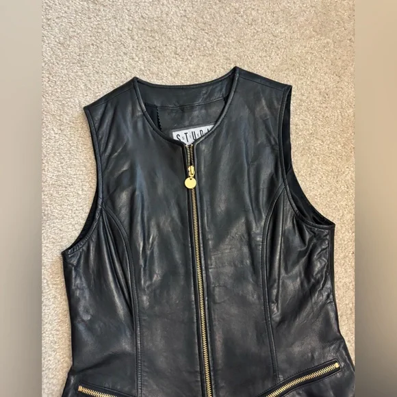 Siena Studio Vintage Leather Gold Accent Full Zip Black Vest Women’s Size Small - Picture 4 of 13